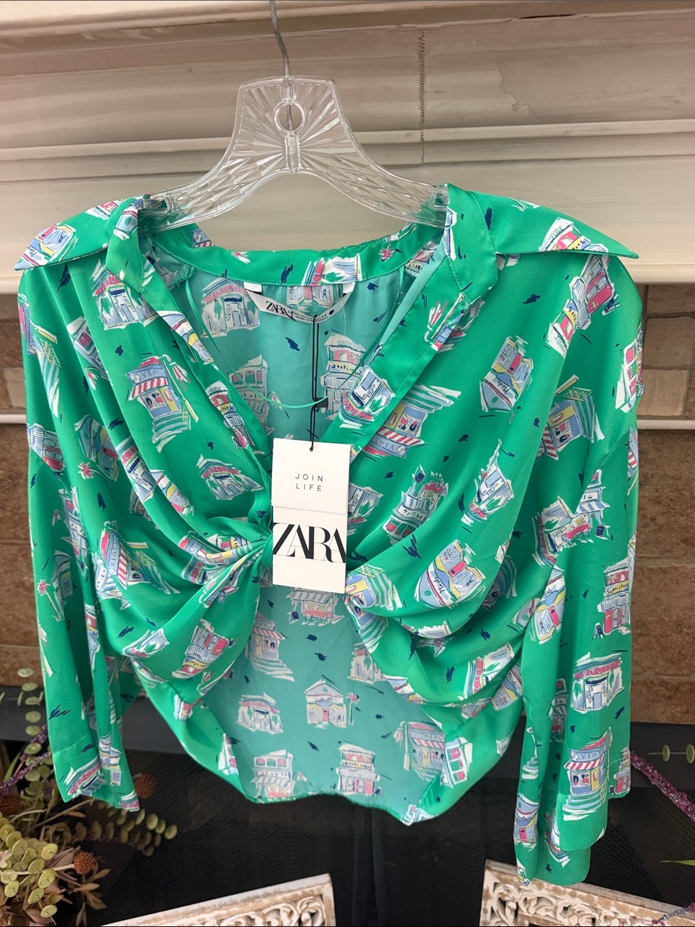 Nwt Zara Crop top green printed huts beach cute XS